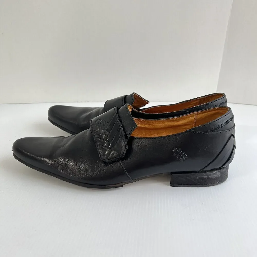Fly London Mens Dress Shoes Size 44 US 10.5 Black Leather Monk Strat Adjustable